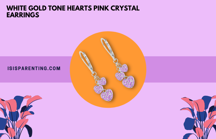 White Gold Tone Hearts Pink Crystal Earrings