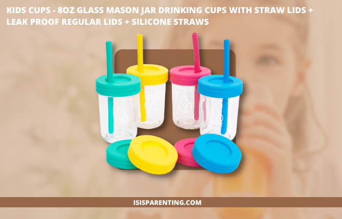 Kids Cups - 8oz Glass Mason Jar Drinking Cups with Straw Lids + Leak Proof Regular Lids + Silicone Straws 