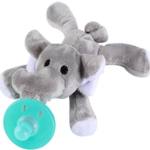 Evedy Infant Pacifier Holder, Baby Toys with Stuffed Elephant Teething Soother for Newborn, Silicone Nipple Feeder for Toddler