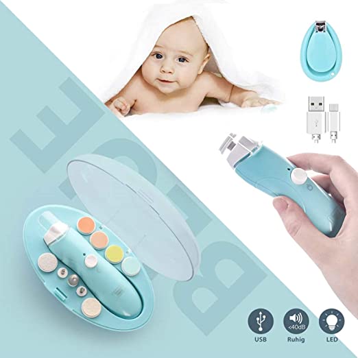 Rechargeable Nail File, Deyace Quiet and Safe Electric Baby Nail File,9 in 1 Nail Drill, Continuously Variable USB Charging for Newborn Infant Toddler Kids Women Adult Toes Fingernails (Mint Blue)