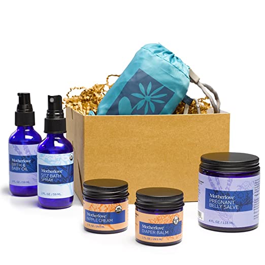 Motherlove - Nurturing Life Gift Box, Body Care for Expecting Moms, Baby Shower Gift Bundle with Pregnant Belly Salve, Sitz Bath Spray, Birth & Baby Oil, Nipple Cream, Diaper Balm & Reusable Tote