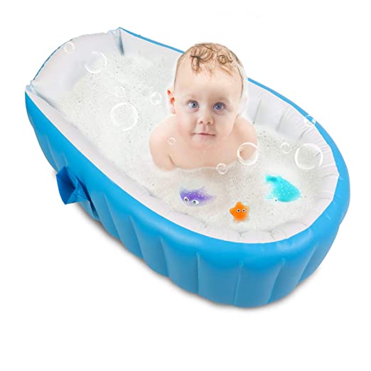 Baby Inflatable Bathtub, FLYMEI Portable Infant Toddler Non Slip Bathing Tub Travel Bathtub Mini Air Swimming Pool Kids Thick Foldable Shower Basin (Blue)