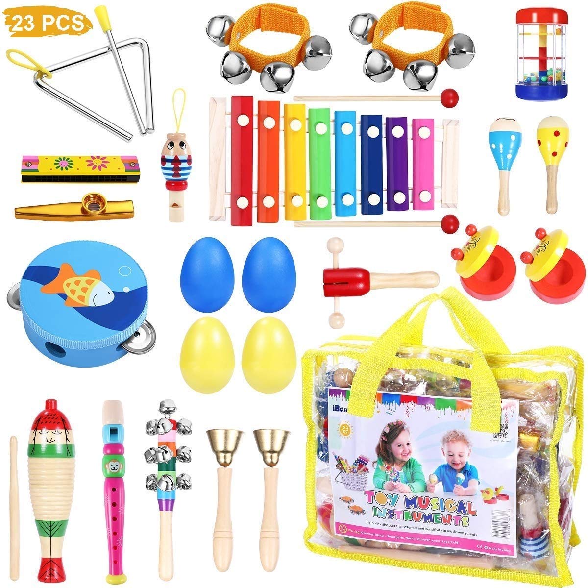 Toddler Musical Instruments - iBaseToy 23Pcs 16Types Wooden Percussion Instruments Tambourine Xylophone Toys