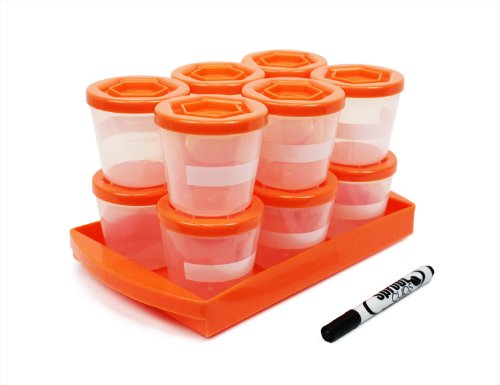 Baby Food Containers, Reusable Stackable Freezer Safe Storage Cups (12 Pack) w Tray and Dry-erase Marker - BPA & PVC Free (2 Oz)- Orange