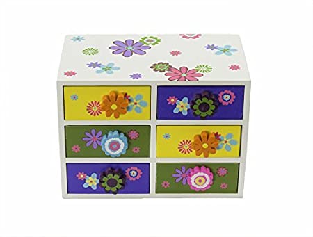 Wooden Jewelry Box for Kids - 6 Drawer Colorful Flower Jewelry Box Case Necklaces, Rings, Bracelets, 8 x 4.5 x 5.5 inches