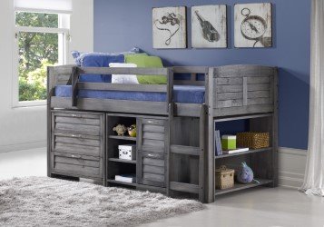 Custom Kids Furniture Grey Twin Loft Beds with Dresser and Bookshelf - Free Storage Pockets