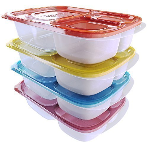 Reusable Lunch Containers for Kids and Adults Bento Box 3 Compartment Meal Prep with Dividers Food Storage With Lids Set of 4 by Kascade