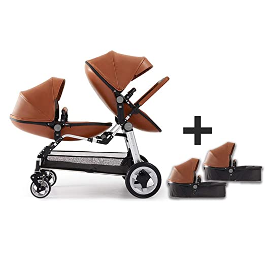 Baby Twin Stroller,Babyfond Double Egg Seat + Sleeping Baskets,High View Foldable Leather Stroller for 0-8 Months Newborn (Brown)