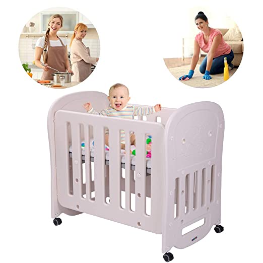 JOYMOR 4-in-1 Baby BPA-Free Mini Crib & 2&quot; Crib Mattress, Easily Converts to Toddler Bed Playard or Rocking Crib, Portable and Easy Assembly, Cream & Grey
