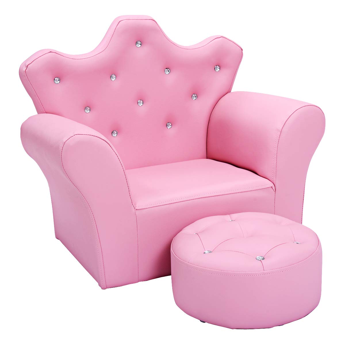 Costzon Kids Sofa, PVC Leather Princess Sofa with Embedded Crystal, Upholstered Armchair with Ottoman, Perfect for Girls (Pink/Sofa with Ottoman)