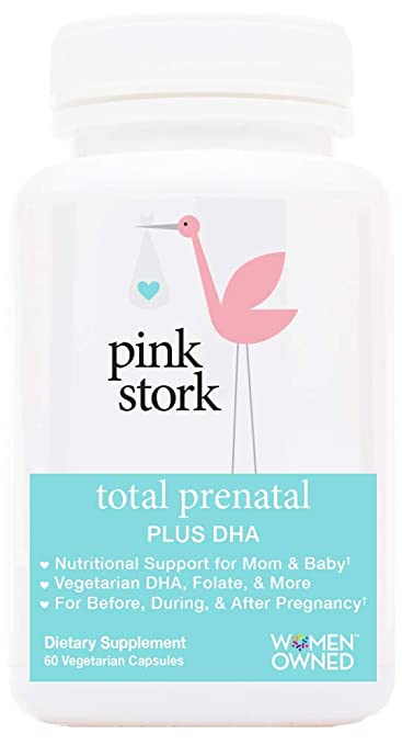 Pink Stork Total Prenatal + DHA, Doctor Recommended Nutrition Support for Before, During, After Pregnancy, Contains Folate, Zinc, Iron & Essential Nutrients, Vegetarian, 60 Small Capsules