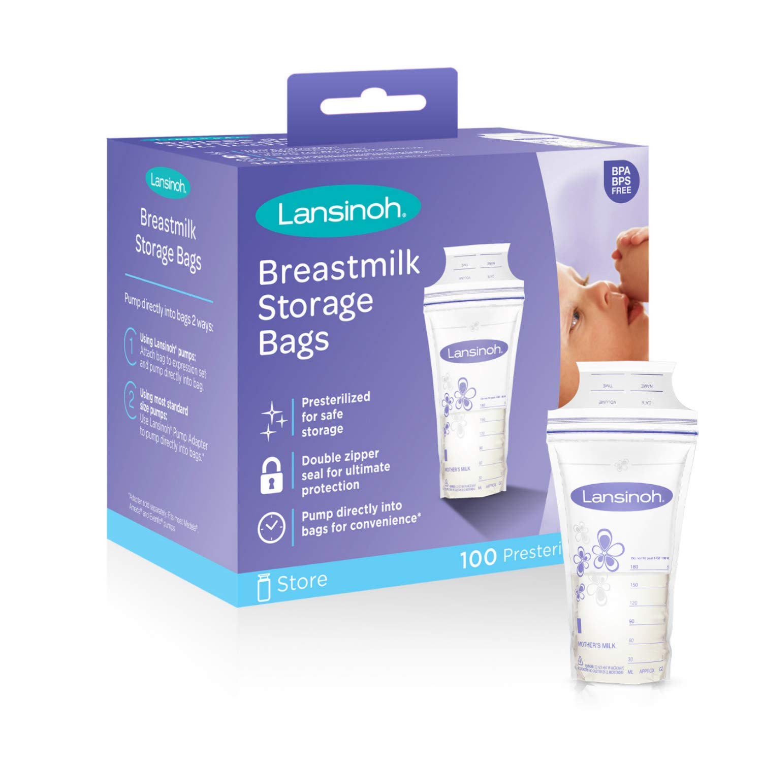 Lansinoh Breastmilk Storage Bags, 100 Count (1 Pack of 100 Bags), Milk Freezer Bags for Long Term Breastfeeding Storage, Pump Directly into Bags, Nursing Essentials
