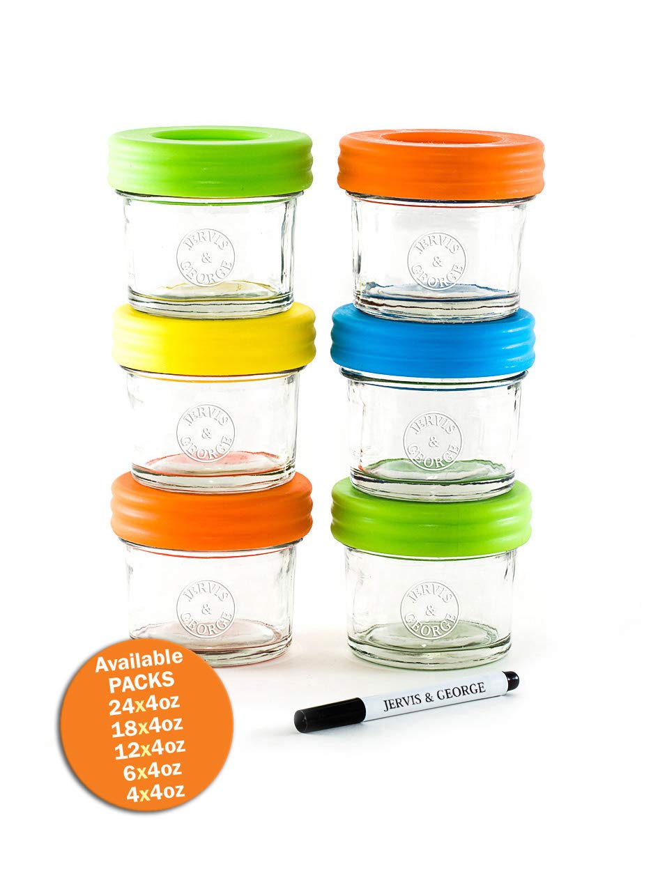 Glass Baby Food Storage Containers - Set contains 6 Small Reusable 4oz Jars with Airtight Lids - Safely Freeze your Homemade Baby Food