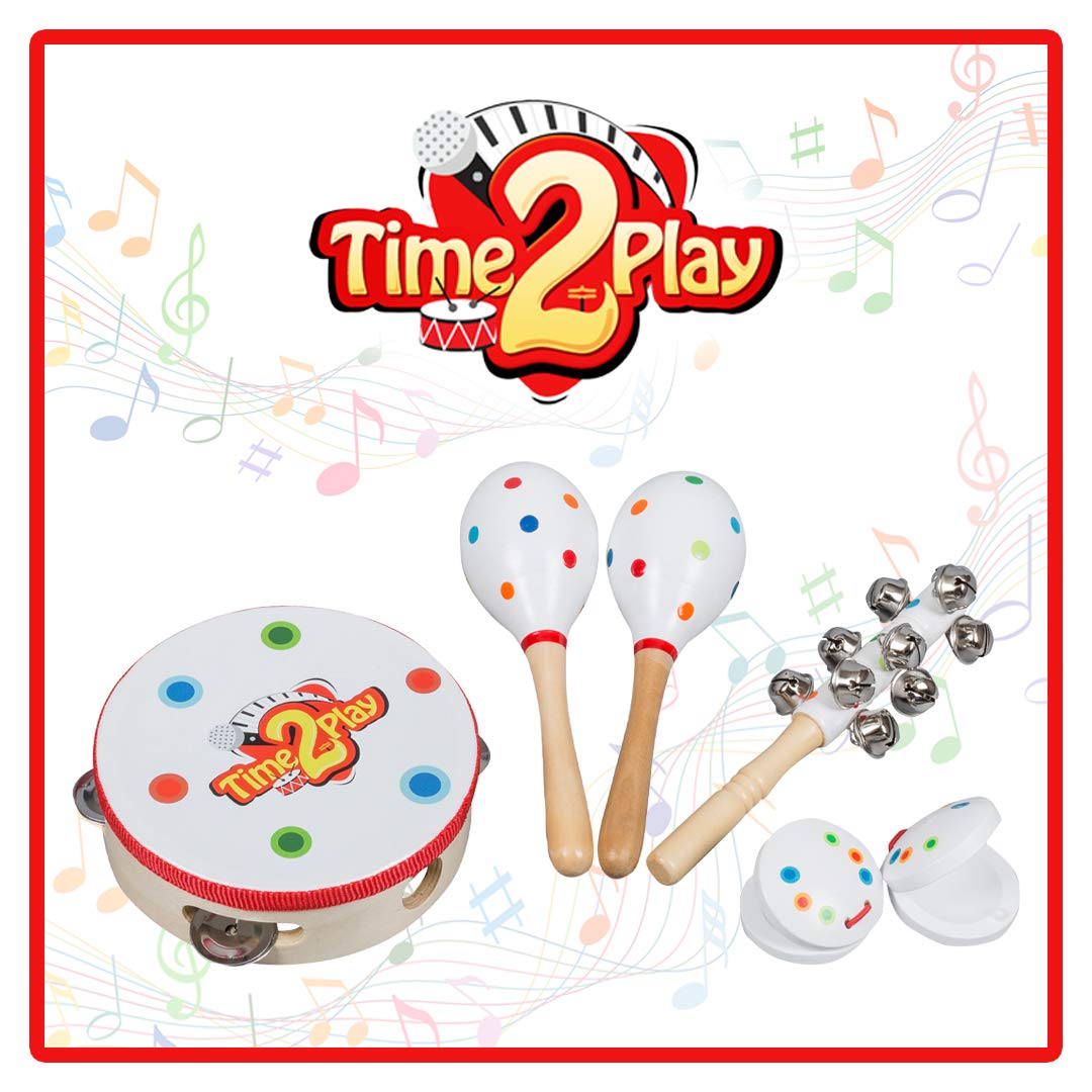 Time2Play Wooden Musical Instruments for Toddlers, Children & Babies Includes 2 Maracas, 1 Tambourine, 2 Castanets, 1 Hand Bell Perfect Music Toys to Create a Wonderful Family Band