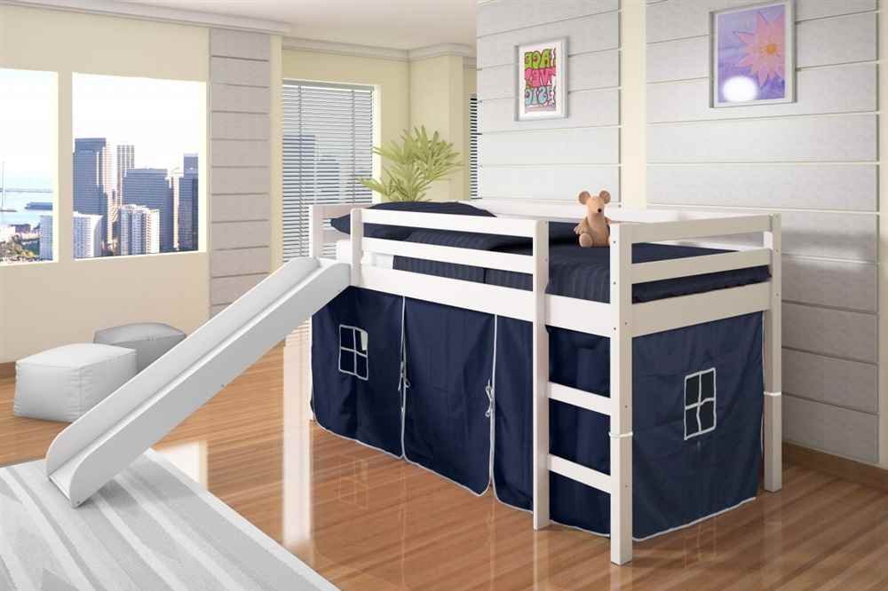 DONCO KIDS Twin Tent Loft Bed with Slide White Finish with Blue Tent