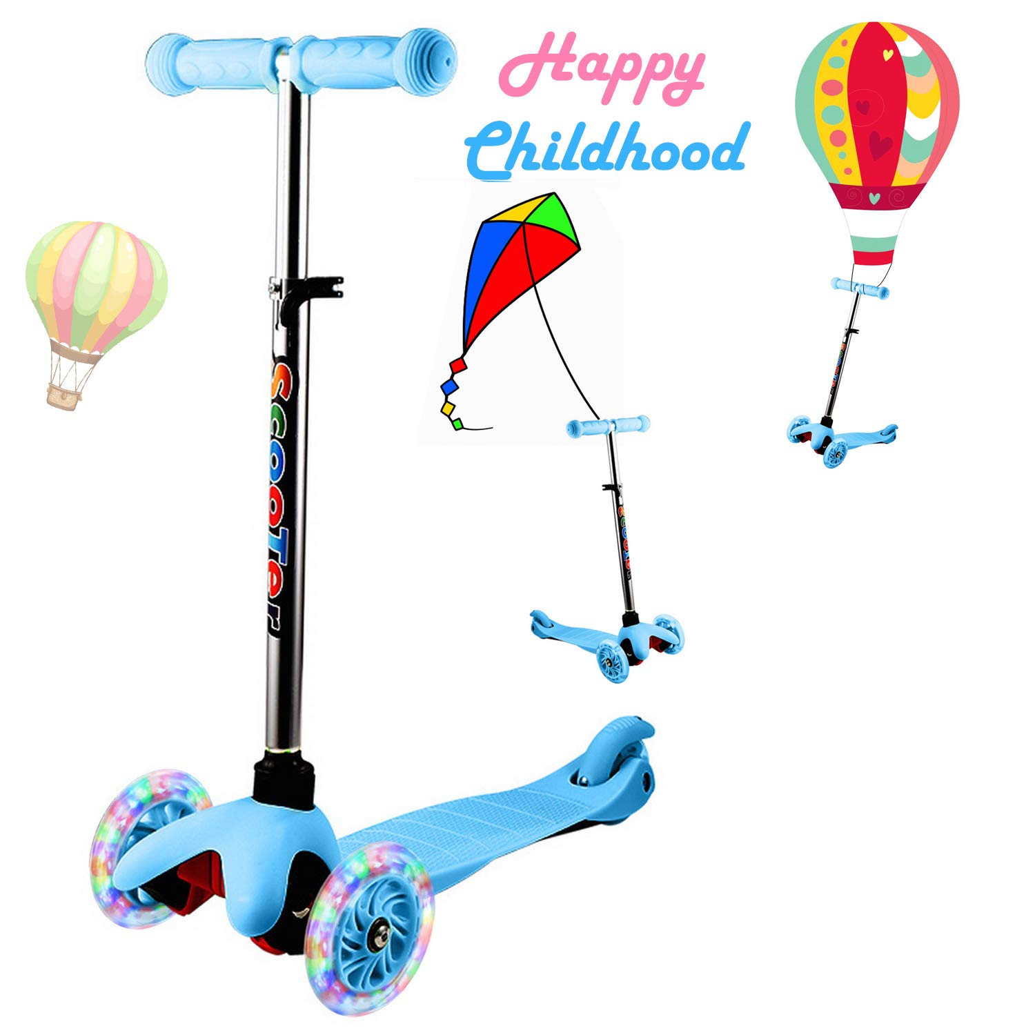 Kick Scooter for Kids with 3 PU LED Light up Wheels Adjustable Height Lean to Steer Extra Wide Deck Scooter Gift for Girls Boys Toddlers Age 3 up