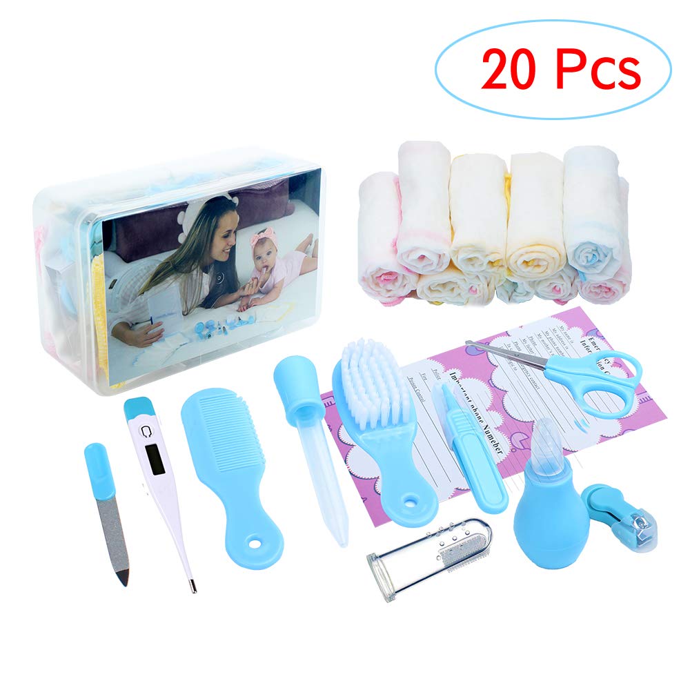Alpacasso 20 Piece Baby Grooming Kit Infant Nursery Set Newborn Healthcare Kits Child Care Baby Nail Clipper File Scissor Tweezer Thermometer Brush Comb Cleaning Sets(Blue)