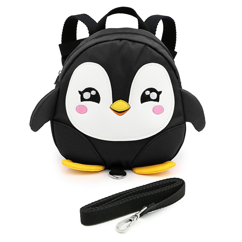 Hipiwe Baby Toddler Walking Safety Backpack Little Kid Boys Girls Anti-Lost Travel Bag Harness Reins Cute Cartoon Penguin Mini Backpacks with Safety Leash for Baby 1-3 Years Old (Black)