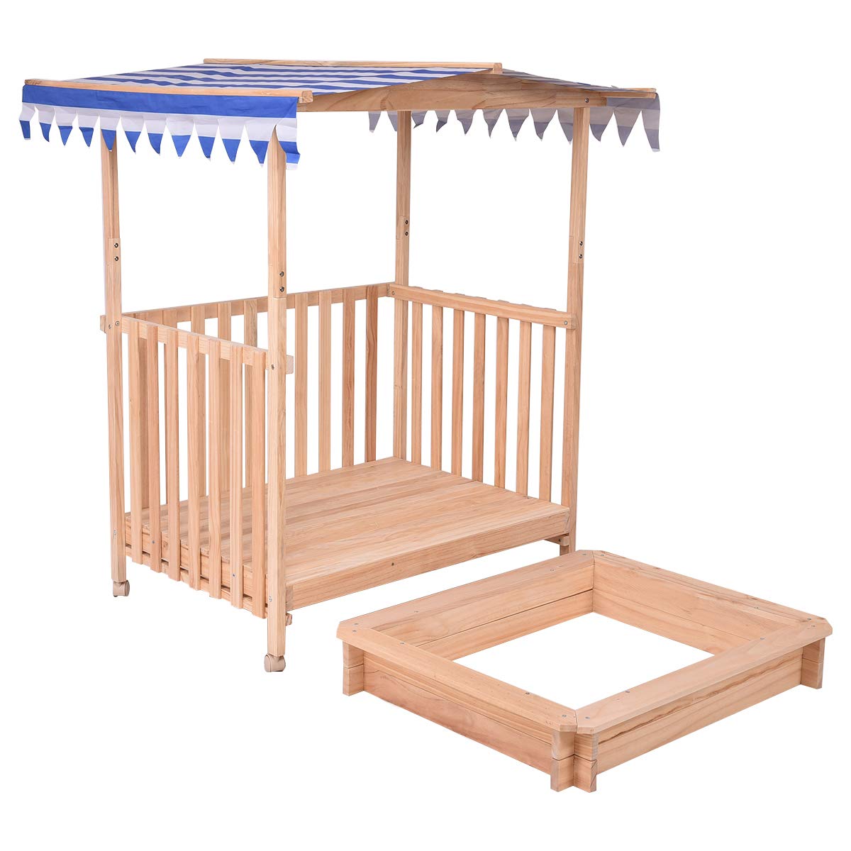 Costzon Kids Retractable Playhouse w/ Sandbox Canopy, Non-Woven Fabric Cloth, Wood Frame Play Area, Two Wheels, Children Outdoor Beach Cabana Sandbox for Outdoor, Home, Lawn, Courtyard (45-Inch, Blue)