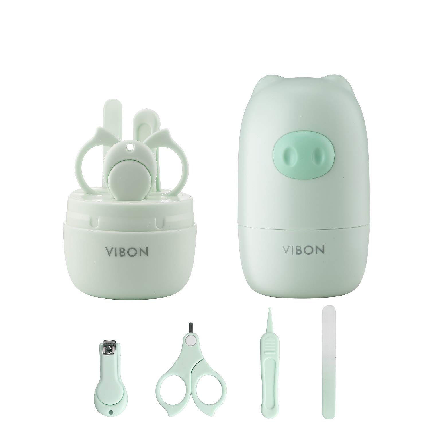VIBON Apple Green Pig Shape Baby Manicure Kit,Safe Baby Bear Nail Clipper,Scissors,Tweezers and Nail File(4 Pcs),Baby Nail Care Set for Newborn,Infant,Toddler,Kids
