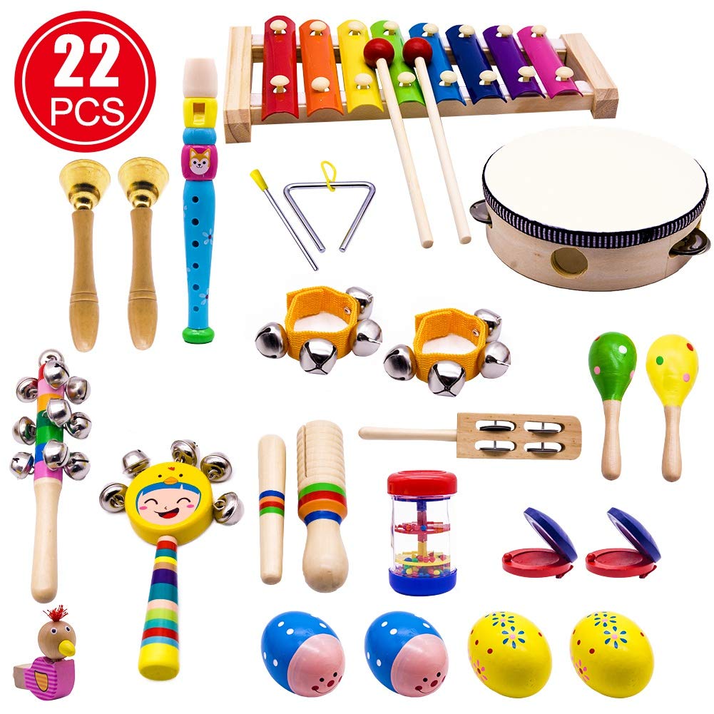 YOFITT Kids Musical Instruments, 15 Types 22pcs Wood Percussion Xylophone Toys for Boys and Girls Preschool Education with Storage Backpack