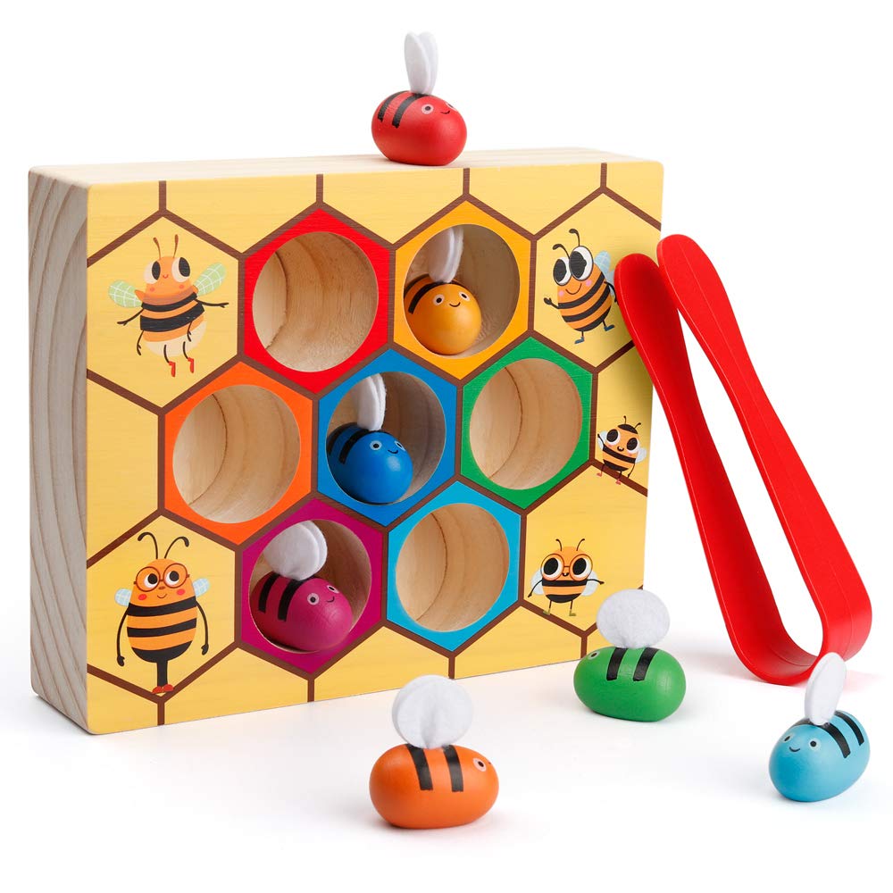 Coogam Toddler Fine Motor Skill Toy, Clamp Bee to Hive Matching Game, Montessori Wooden Color Sorting Puzzle