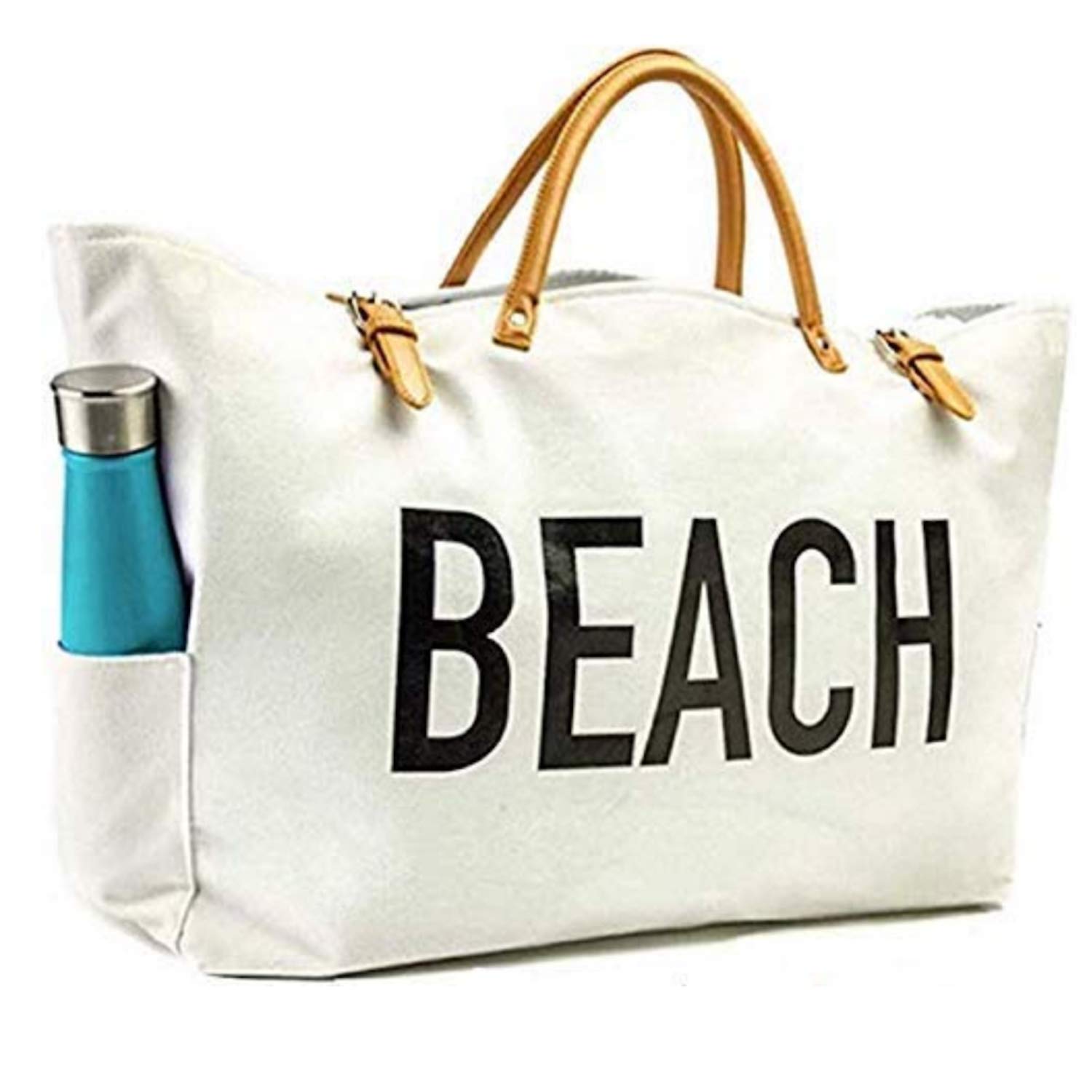 KEHO Fashion Beach Bag & Travel Tote, Large & Roomy, Waterproof Lining, Multiple Pockets (White Canvas)