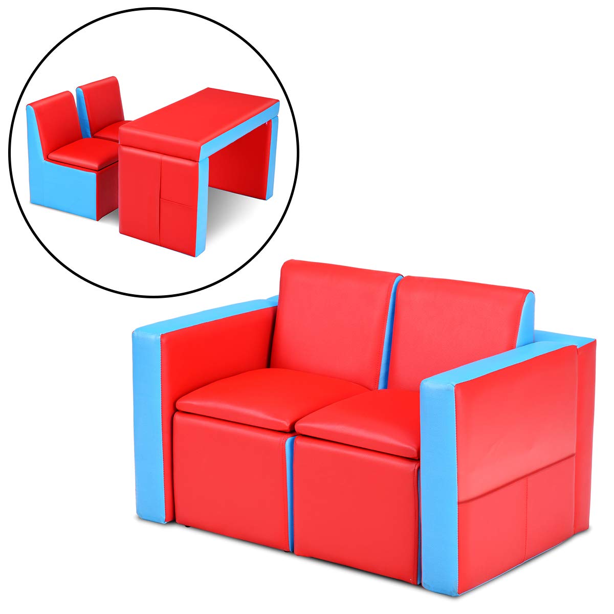 Costzon Kids Sofa, 2-in-1 Multi-Functional Kids Table & Chair Set, 2 Seat Couch with Storage Box for Boys & Girls