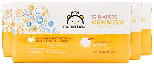 Amazon Brand - Mama Bear Diapers, Newborn, 128 Count, White Print (4 packs of 32)