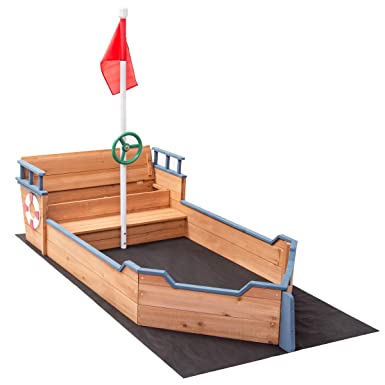 Costzon Pirate Boat Wood Sandbox for Kids with Bench Seat and Flag, Pirate Sandboat