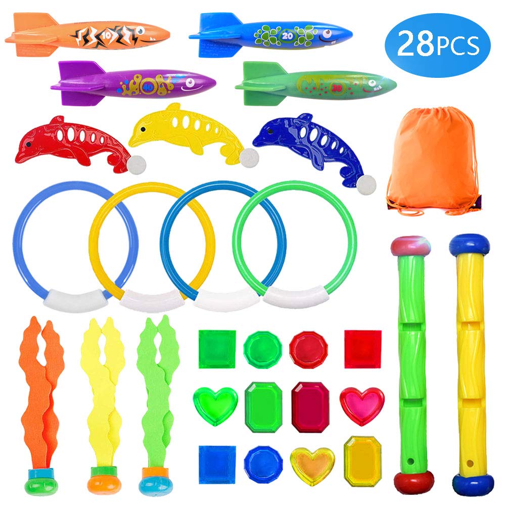 UNGLINGA Diving Swimming Pool Toys Set Underwater Toy Rings Torpedo Bandits Diving Sticks Pirate Treasures Diving Dolphins Seaweed for Kids Boys Girls