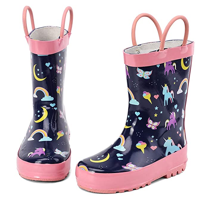 ALEADER Kids Waterproof Rubber Rain Boots for Girls, Boys & Toddlers with Fun Prints & Handles
