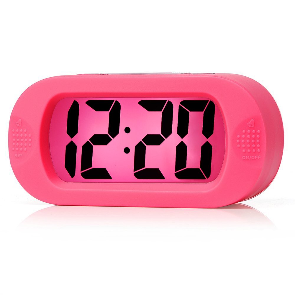 Easy to Set, Plumeet Large Digital LCD Travel Alarm Clock with Snooze Good Night Light, Ascending Sound Alarm & Handheld Sized, Best Gift for Kids (Pink)