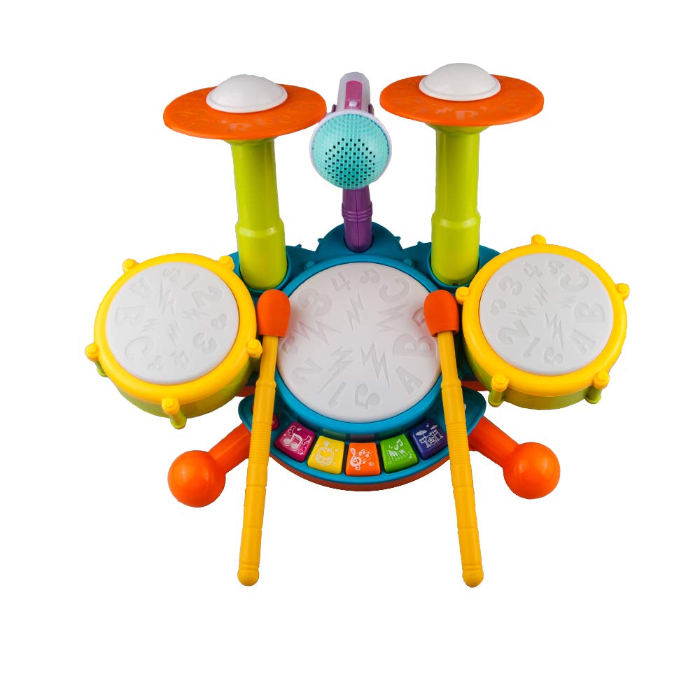 Rabing Kids Drum Set Beats Flash Light Toy Adjustable Microphone, Multicolor