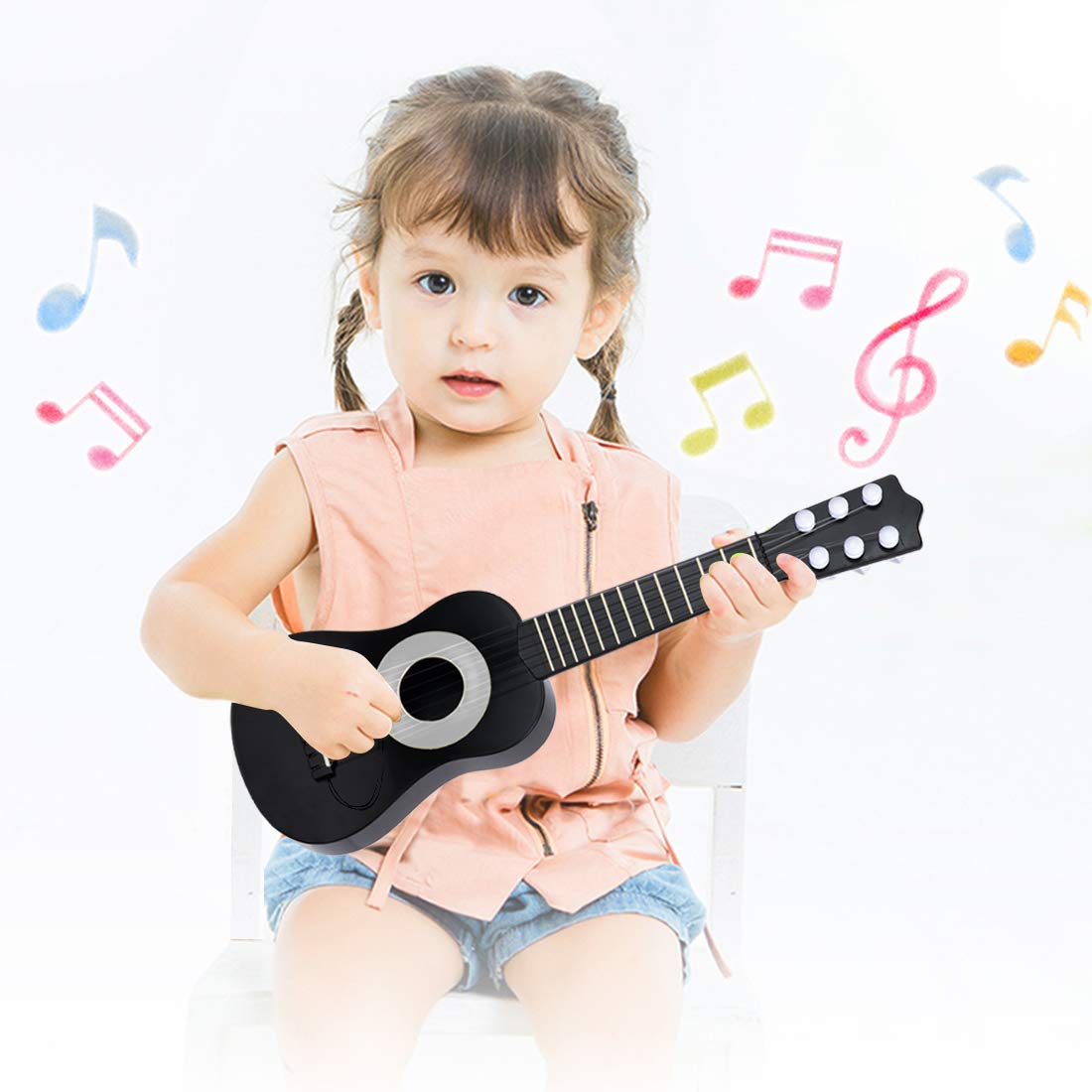 WEY&FLY Kids Toy Guitar 6 String, Baby Kids Cute Guitar Rhyme Developmental Musical Instrument Educational Toy for Toddlers (Black/Silver)