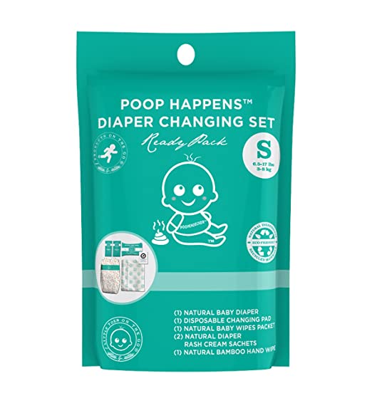Little Toes On The Go Poop Happens One Complete Natural Diaper Change Set with Bamboo Baby Diaper, Diaper Rash Cream, Baby Wipes, Hand Wipes and Disposable Diaper Changing Pad (Small 6-17lbs)
