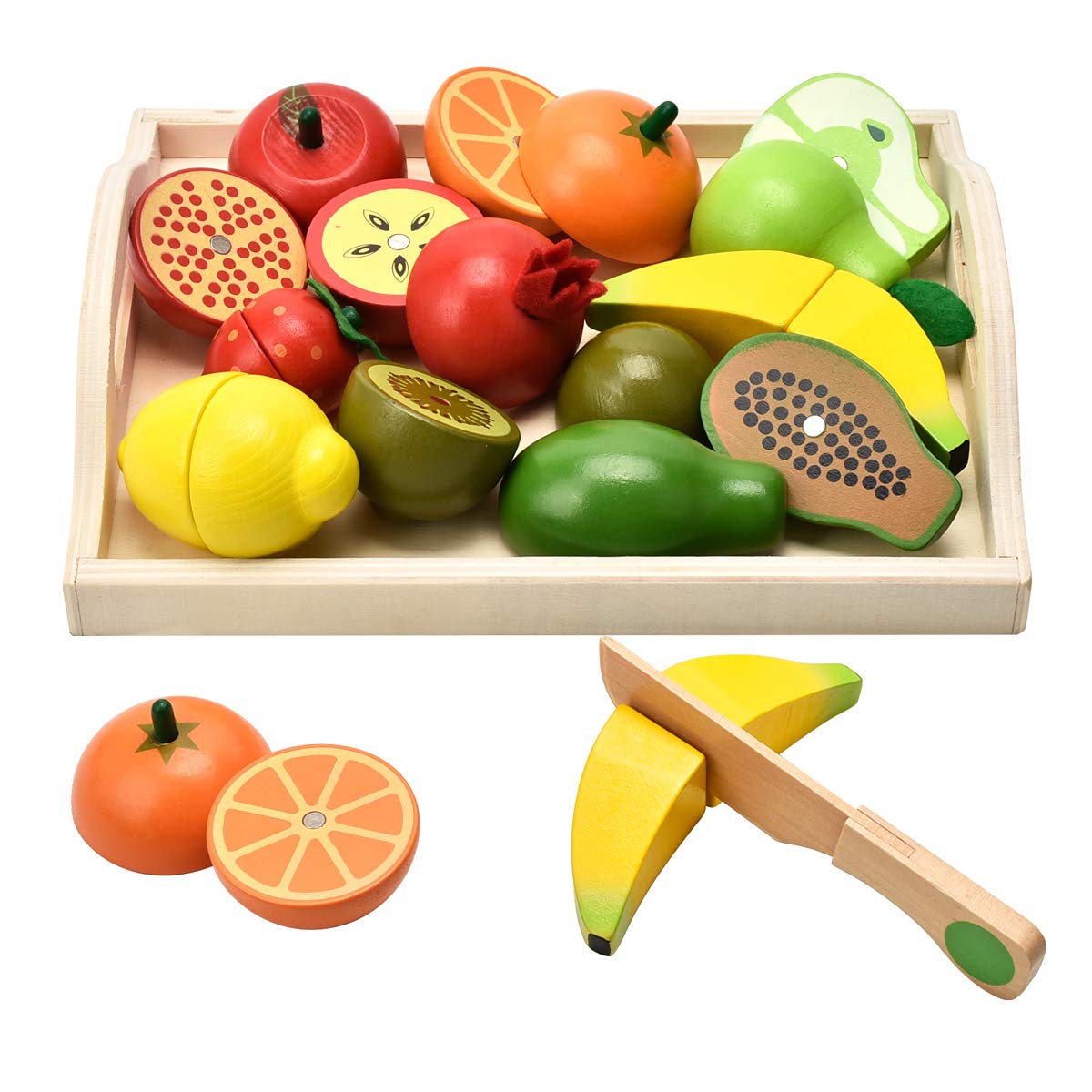 CARLORBO Wooden Toys for 2 Year Old - Pretend Play Food Set for Kids Play Kitchen,9 Cuttable Toy Fruit and Veg with Wooden Knif and Tray,Gift Idea for Boy Girl Birthday