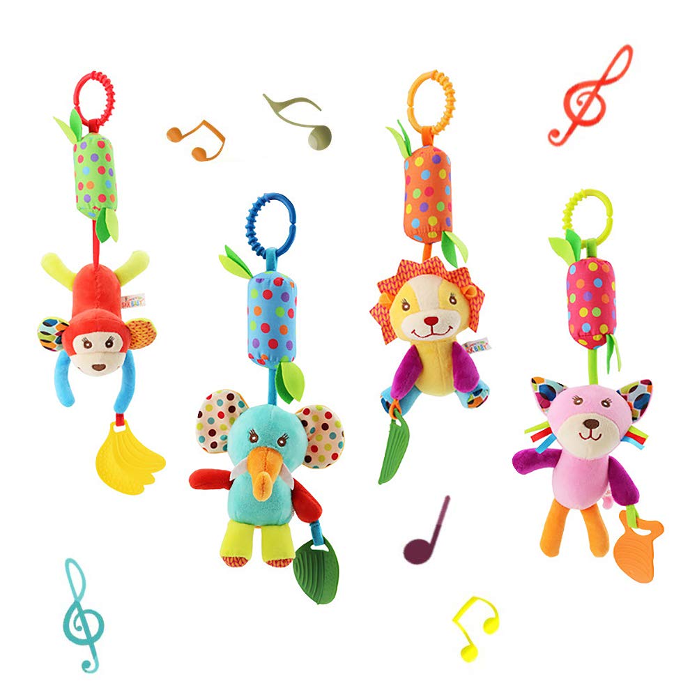 Baby Soft Hanging Wind Chime Rattle Toy - Crinkle Squeaky Sensory Learning Animal Plush Stroller Toy 