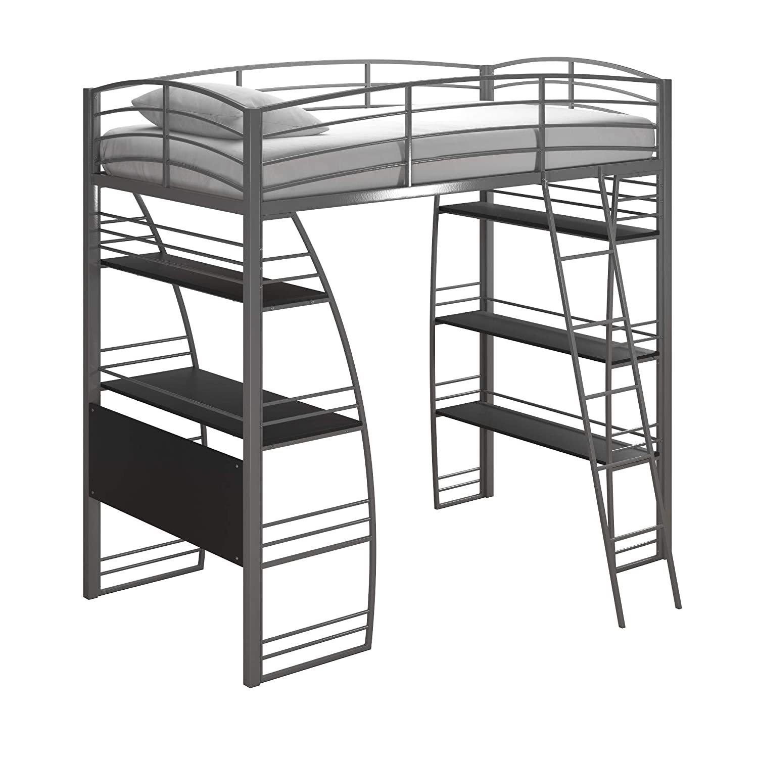 DHP Studio Loft Bunk Bed Over Desk and Bookcase with Metal Frame, Gray, Twin