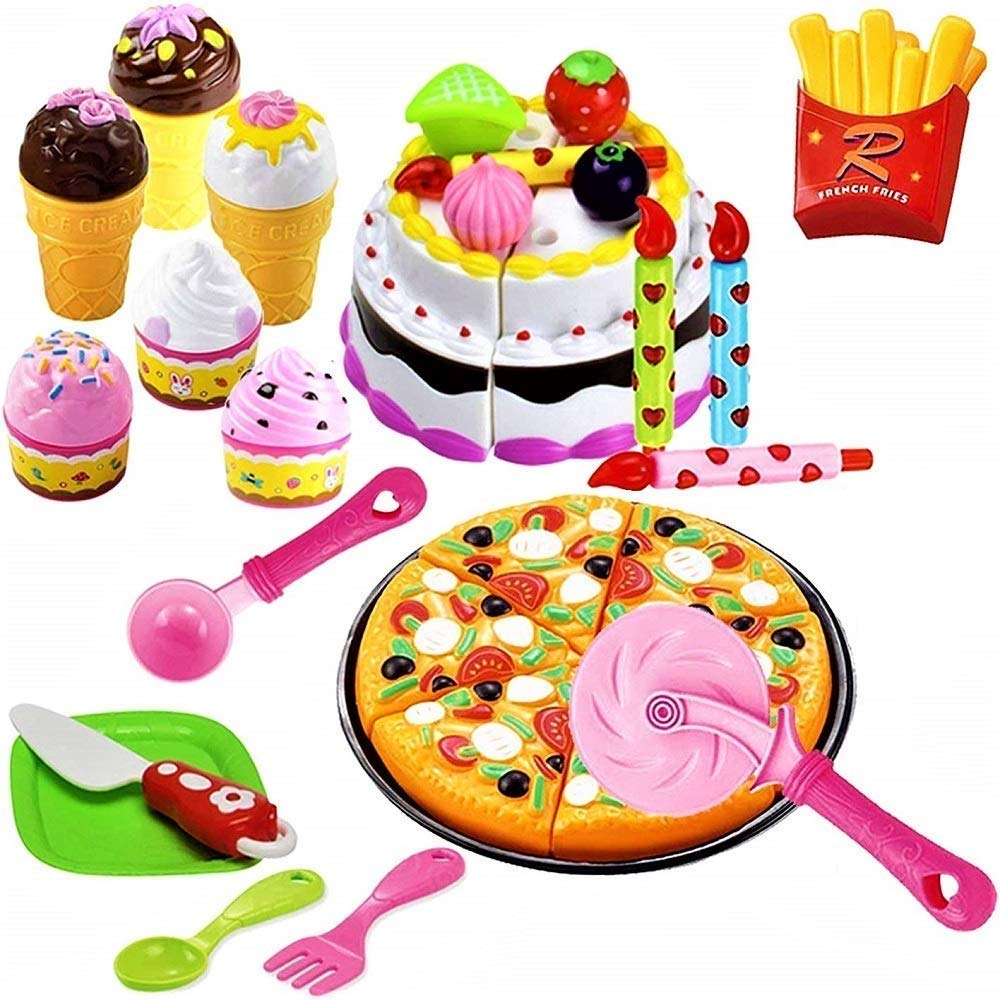 FUNERICA Pretend-Play, Cutting Food, Toy Pizza, Ice Cream, Fries, & Toy Birthday Cake | Includes Beautiful Plastic Storage Box | Complete Kids Toy Desserts Set