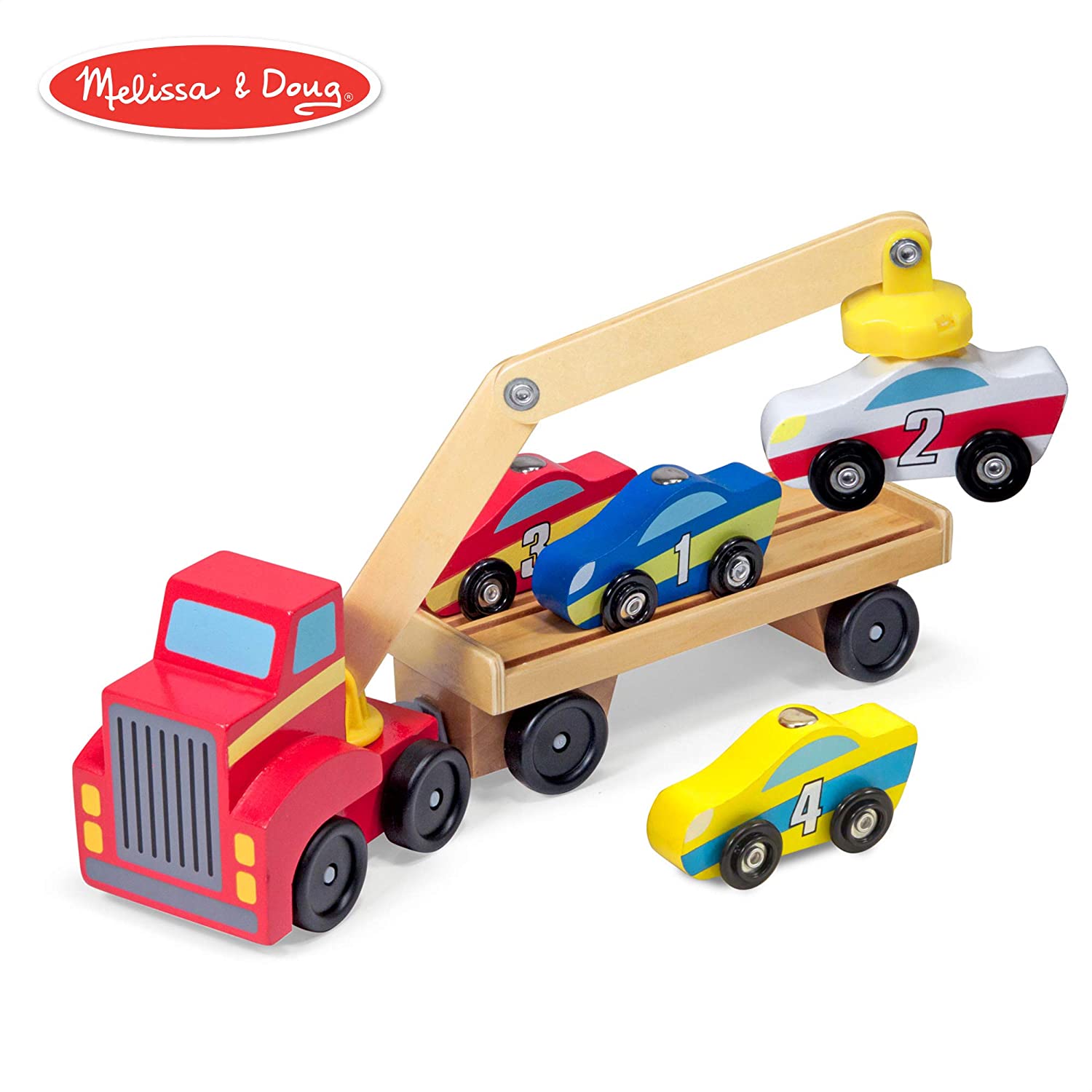 Melissa & Doug Magnetic Car Loader Wooden Toy Set, Cars & Trucks, Helps Develop Motor Skills, 4 Cars and 1 Semi-Trailer Truck, 5.75" H x 13" W x 3" L