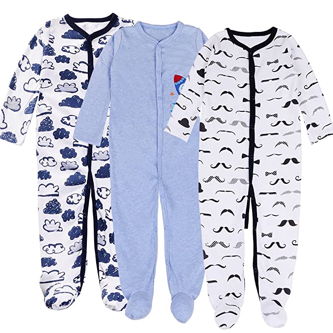 Exemaba Baby Footed Pajamas Sleeper - 3 Packs Infant Girls Boys Cotton Long Sleeve Jumpsuit Newborn Romper Bodysuit Sleepwear