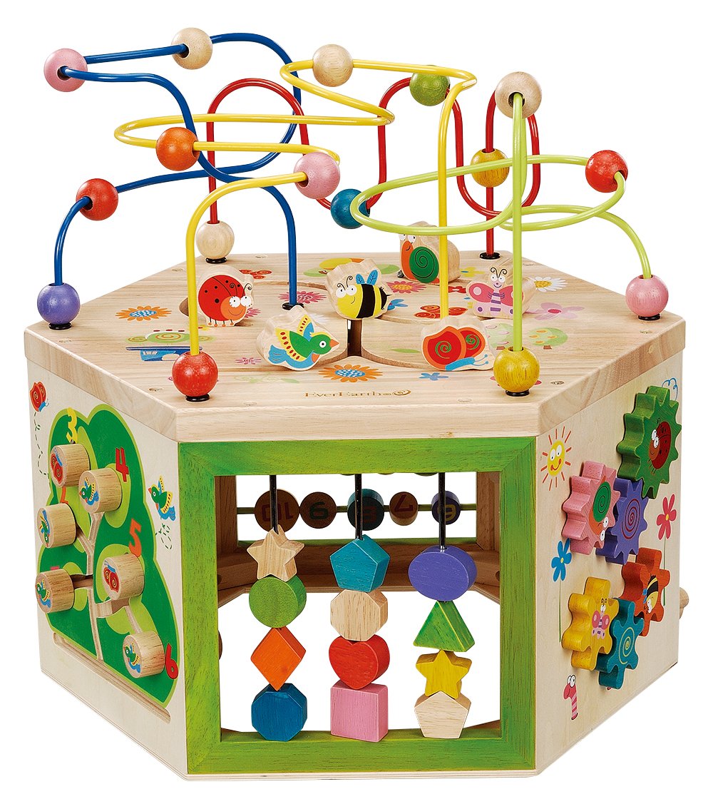 EverEarth Garden Activity Cube. Wood Shape & Color Sorter, Bead Maze & Counting Baby Toy