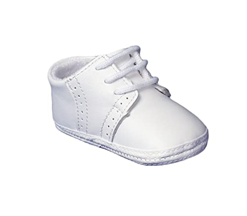 Little Things Mean A Lot Baby Boys All White Genuine Leather Saddle Oxford Crib Shoe with Perforations