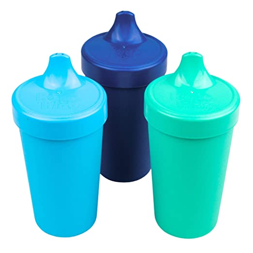 Re-Play Made in USA 3pk Toddler Feeding No Spill Sippy Cups for Baby, Toddler, and Child Feeding - Sky Blue, Navy Blue, Aqua (True Blue Collection) Durable, Dependable and Toddler Tough Sippy Cups!