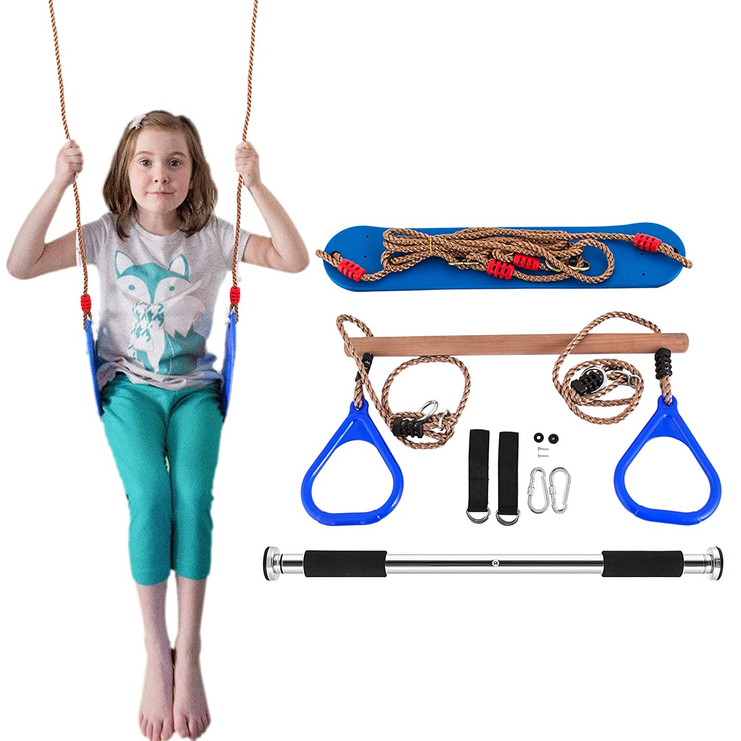 Popsport Trapeze Bar with Rings Gymnastic Swing Set Combo for Outdoor Play, Backyard Swing Set, Jungle Gym