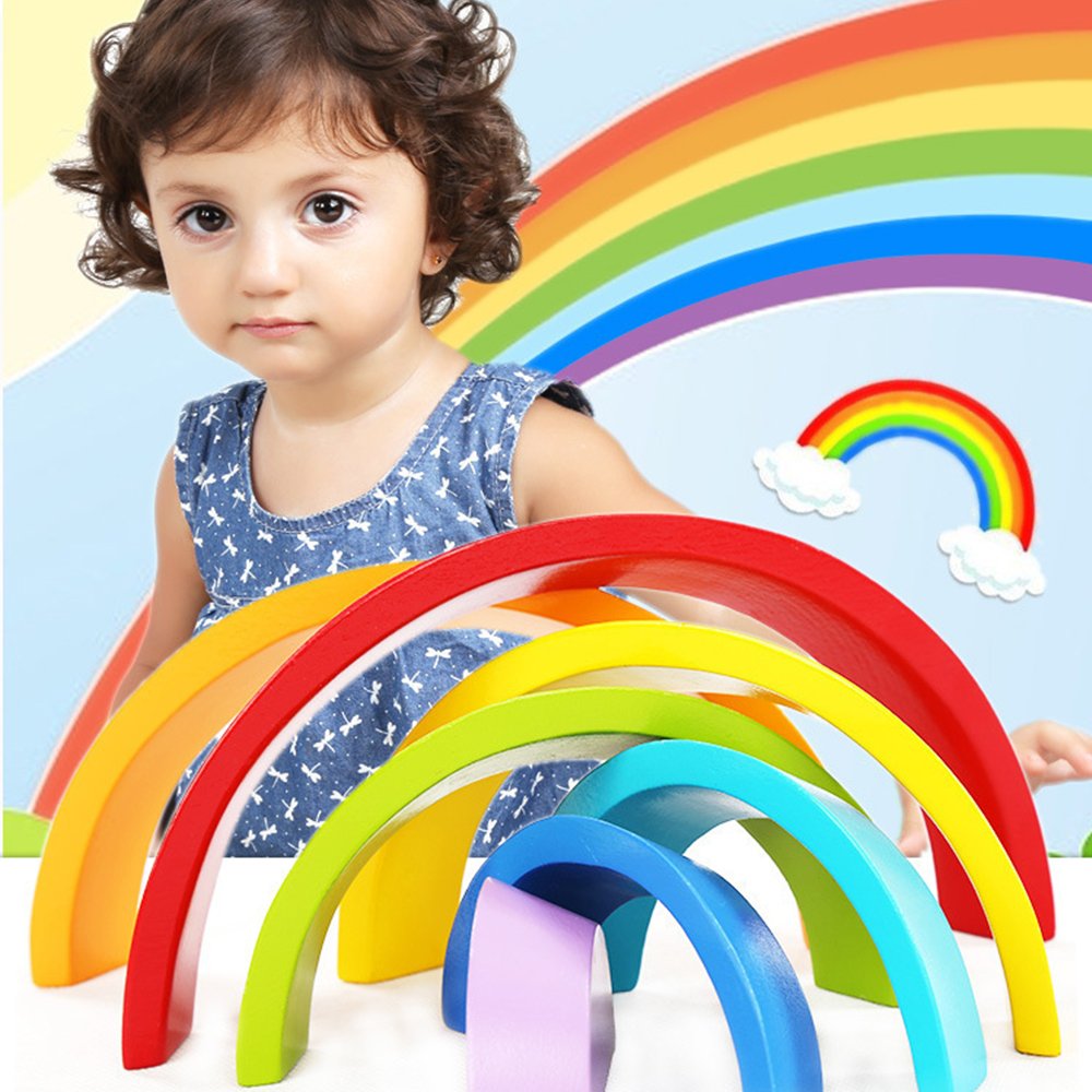 Sealive Wooden Rainbow Stacker Montessori Toys for Toddlers, Nesting Stacking Game Learning Color Shape Matching Jigsaw Puzzle