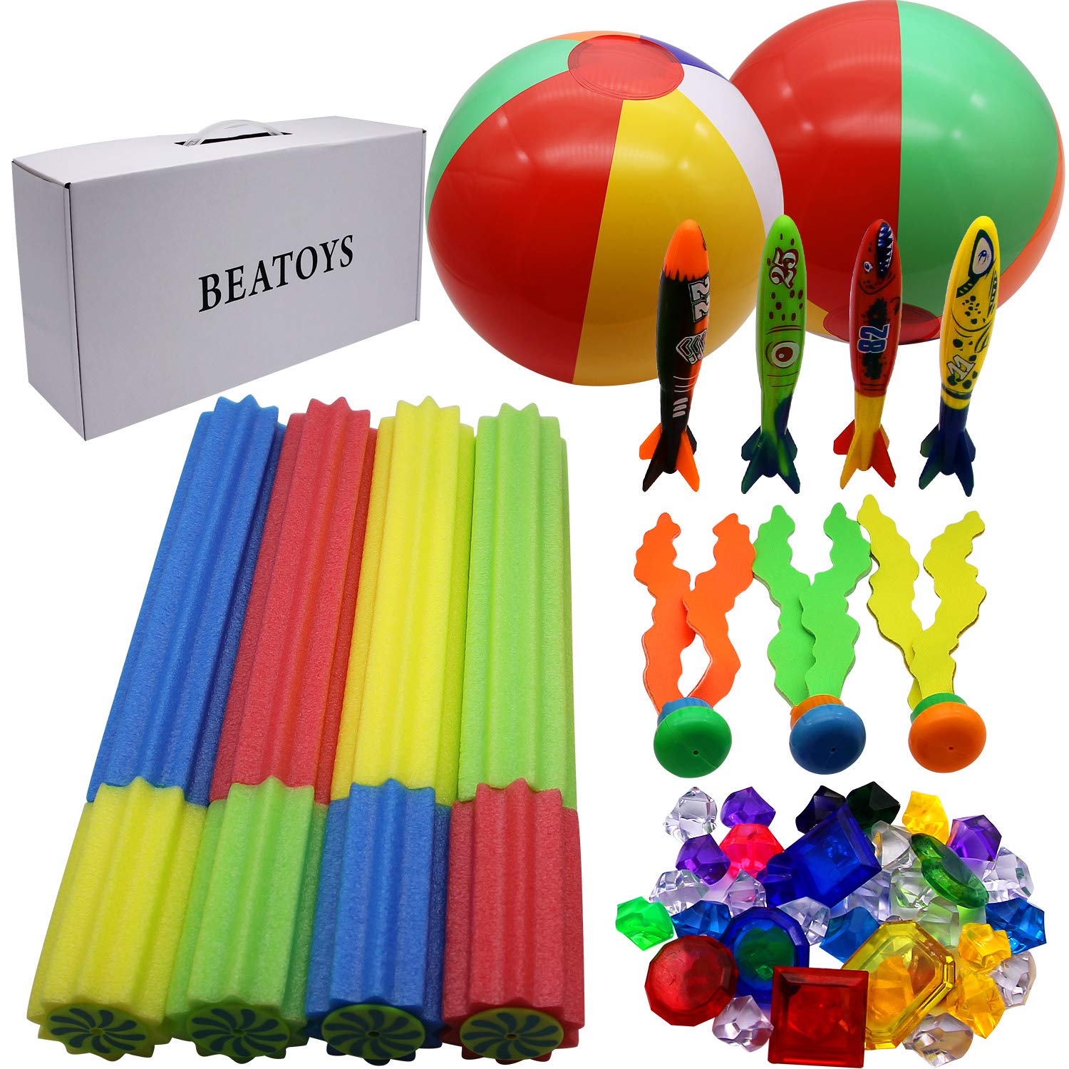 JOINBO BEATOYS 41 PCS Summer Diving Sets with 4 Water Blaster, 4 Torpedoes, 3 Diving Seaweeds, 2 Beach Balls, 8 gems and 20 Diving Jewels