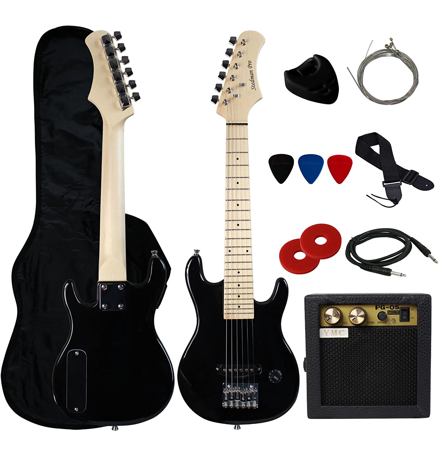 Stedman Pro 30" Kids Electric Guitar Pack With 5-Watt Amp, Gig Bag,Strap,Cable,Strings,Picks,and Wrench,Guitar Combo Accessory Kit--Black