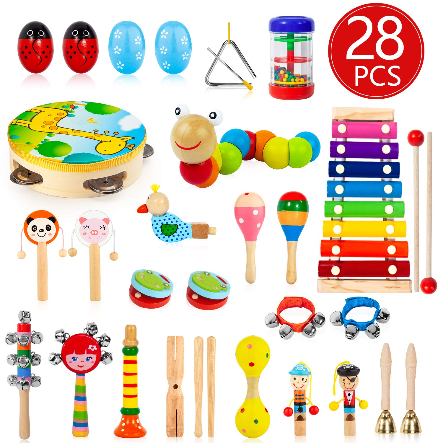 AOKIWO Kids Musical Instruments, 28Pcs 19Types Wooden Instruments Tambourine Xylophone Toys for Kids Children, Preschool Educational Learning Musical Toys for Boys Girls